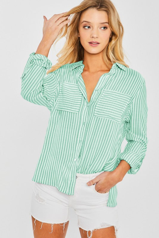 DOLLY STRIPED ROLL UP SLEEVE BUTTON DOWN BLOUSE SHIRT IN GREEN-Shirts & Tops-MODE-Couture-Boutique-Womens-Clothing