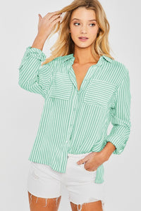 DOLLY STRIPED ROLL UP SLEEVE BUTTON DOWN BLOUSE SHIRT IN GREEN-Shirts & Tops-MODE-Couture-Boutique-Womens-Clothing