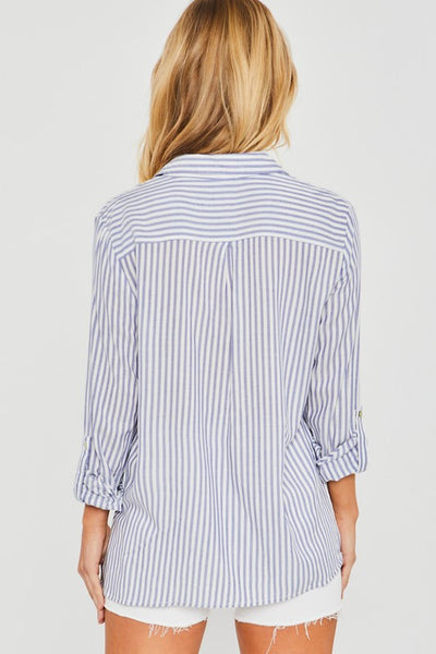DOLLY STRIPED ROLL UP SLEEVE BUTTON DOWN BLOUSE SHIRT IN BLUE-Shirts & Tops-MODE-Couture-Boutique-Womens-Clothing