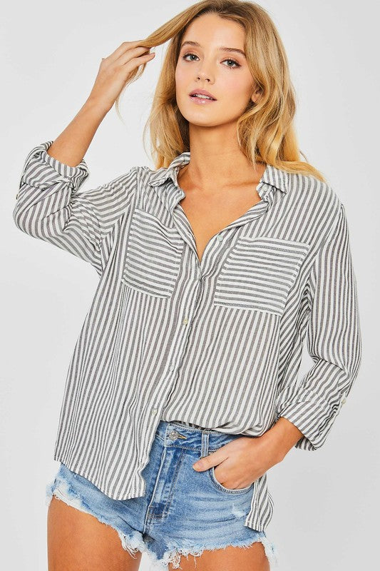 DOLLY STRIPED ROLL UP SLEEVE BUTTON DOWN BLOUSE SHIRT IN BLACK-Shirts & Tops-MODE-Couture-Boutique-Womens-Clothing