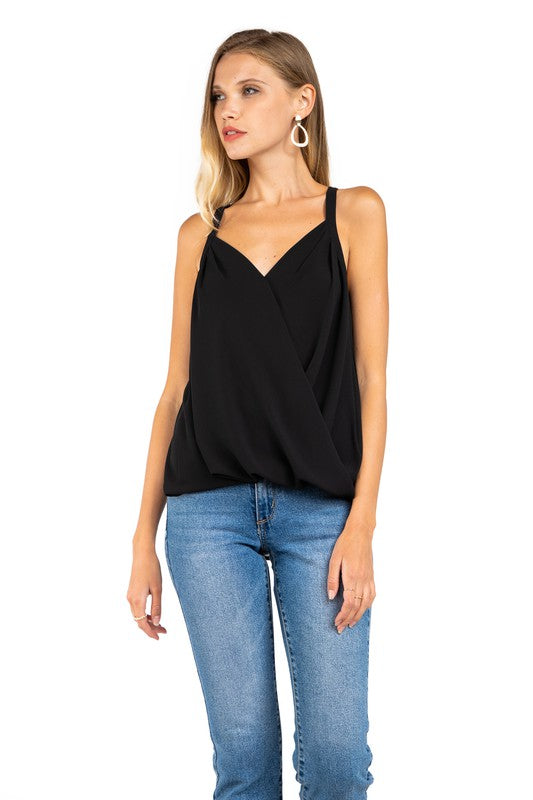 ROWAN SURPLICE V NECK TANK TOP IN BLACK-Tops-MODE-Couture-Boutique-Womens-Clothing