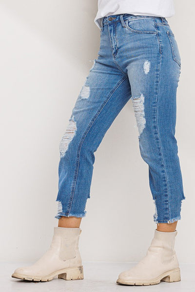 STRAIGHT LEG SLIGHTLY DISTRESSED JEAN IN MEDIUM WASH-Jeans-MODE-Couture-Boutique-Womens-Clothing