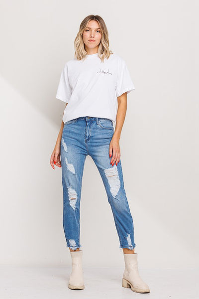 STRAIGHT LEG SLIGHTLY DISTRESSED JEAN IN MEDIUM WASH-Jeans-MODE-Couture-Boutique-Womens-Clothing