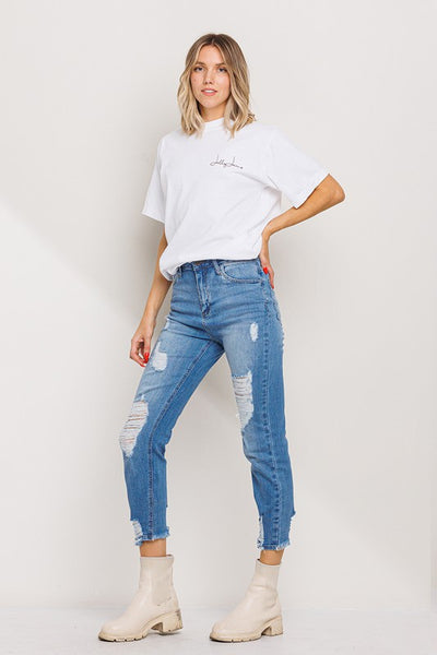 STRAIGHT LEG SLIGHTLY DISTRESSED JEAN IN MEDIUM WASH-Jeans-MODE-Couture-Boutique-Womens-Clothing