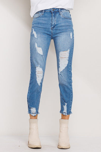 STRAIGHT LEG SLIGHTLY DISTRESSED JEAN IN MEDIUM WASH-Jeans-MODE-Couture-Boutique-Womens-Clothing