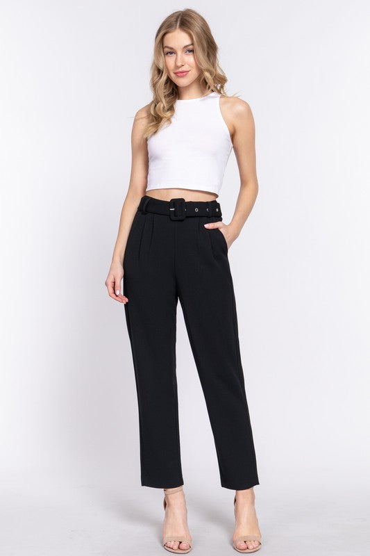 DESK TO DATE STRETCH BELTED DRESS PANT IN BLACK-Pants-MODE-Couture-Boutique-Womens-Clothing