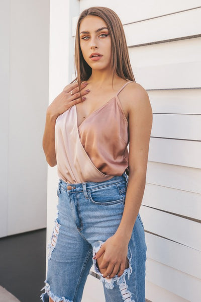 BREVERTON CROSSOVER V NECK COLOR BLOCK SATIN CAMI BODYSUIT IN CHAMPAGNE/TAUPE-MODE-Couture-Boutique-Womens-Clothing