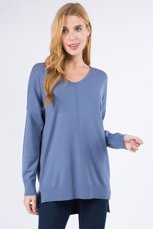 BROOKLYNN FRONT SEAM SOFTEST SWEATER IN HEATHER CORNFLOWER-Sweaters-MODE-Couture-Boutique-Womens-Clothing