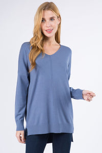 BROOKLYNN FRONT SEAM SOFTEST SWEATER IN HEATHER CORNFLOWER-Sweaters-MODE-Couture-Boutique-Womens-Clothing