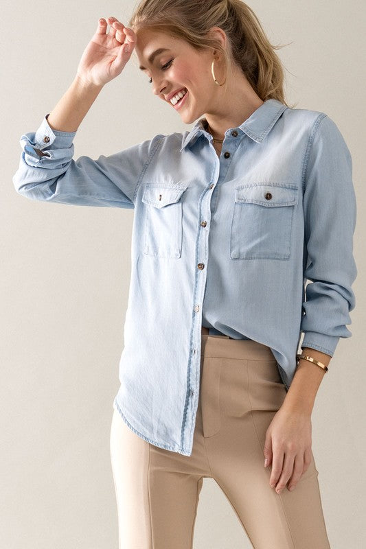 ANNA CHAMBRAY BUTTON DOWN SHIRT IN LIGHT BLUE-Shirts & Tops-MODE-Couture-Boutique-Womens-Clothing