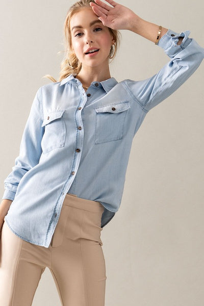 ANNA CHAMBRAY BUTTON DOWN SHIRT IN LIGHT BLUE-Shirts & Tops-MODE-Couture-Boutique-Womens-Clothing