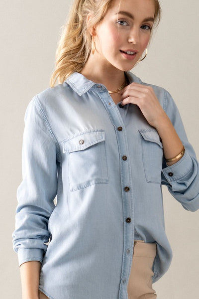 ANNA CHAMBRAY BUTTON DOWN SHIRT IN LIGHT BLUE-Shirts & Tops-MODE-Couture-Boutique-Womens-Clothing