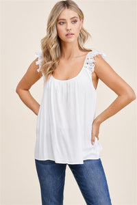 EMMA LACE RUFFLE STRAP CAMI TANK TOP IN OFF WHITE-Dresses-MODE-Couture-Boutique-Womens-Clothing