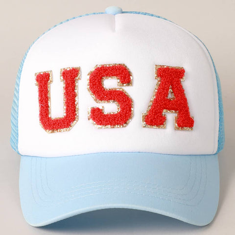 USA CHENILLE PATCH TRUCKER HAT IN LIGHT BLUE-Hats-MODE-Couture-Boutique-Womens-Clothing