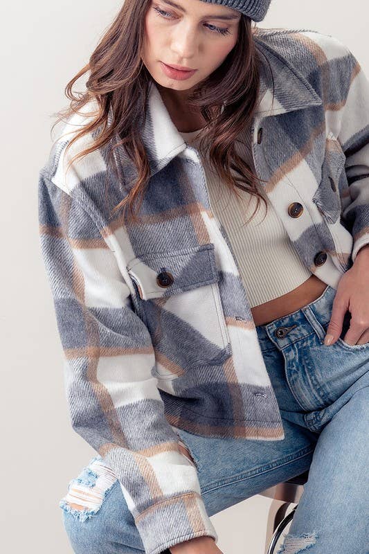 BONFIRE BABE SOFT PLAID PATTERN CROPPED JACKET IN GRAY-MODE-Couture-Boutique-Womens-Clothing
