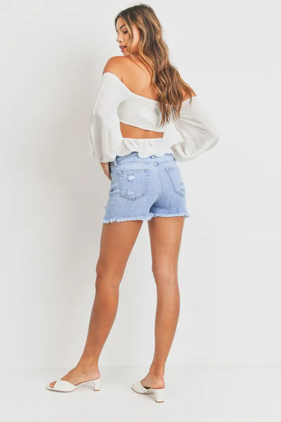 JUST USA HIGH RISE DESTROYED SHORT WITH FRAY HEM IN LIGHT DENIM-SHORTS-MODE-Couture-Boutique-Womens-Clothing