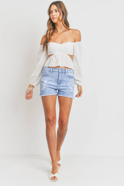 JUST USA HIGH RISE DESTROYED SHORT WITH FRAY HEM IN LIGHT DENIM-SHORTS-MODE-Couture-Boutique-Womens-Clothing