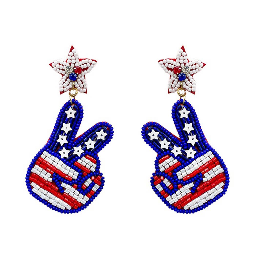SEED BEADED USA FLAG PEACE SIGN EARRINGS-MODE-Couture-Boutique-Womens-Clothing