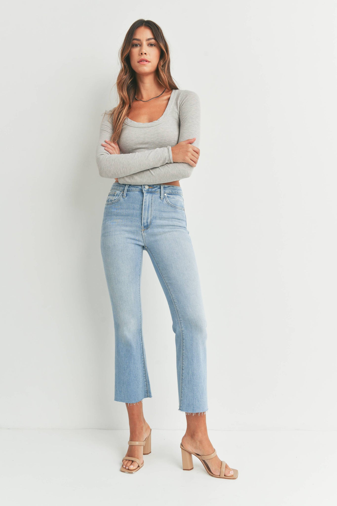 HIGH RISE TONAL CROP FLARE IN LIGHT WASH BY JUST BLACK DENIM-Jeans-MODE-Couture-Boutique-Womens-Clothing