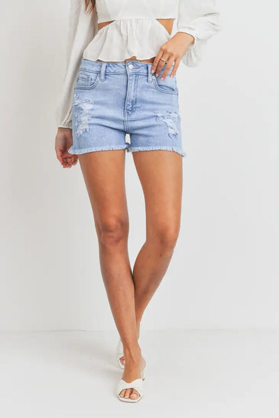 JUST USA HIGH RISE DESTROYED SHORT WITH FRAY HEM IN LIGHT DENIM-SHORTS-MODE-Couture-Boutique-Womens-Clothing