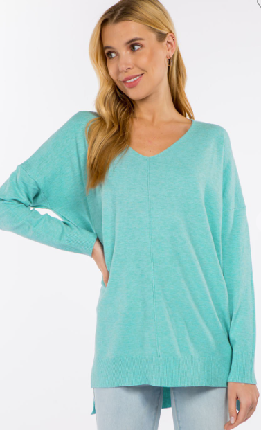 BROOKLYNN FRONT SEAM SOFTEST SWEATER IN HEATHER CYAN-Sweaters-MODE-Couture-Boutique-Womens-Clothing