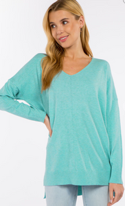 BROOKLYNN FRONT SEAM SOFTEST SWEATER IN HEATHER CYAN-Sweaters-MODE-Couture-Boutique-Womens-Clothing