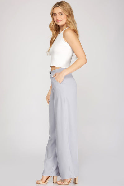 MIDNIGHT BOTTLE WOVEN WIDE PANTS WITH PINTUCK IN BLUE GRAY-Pants-MODE-Couture-Boutique-Womens-Clothing