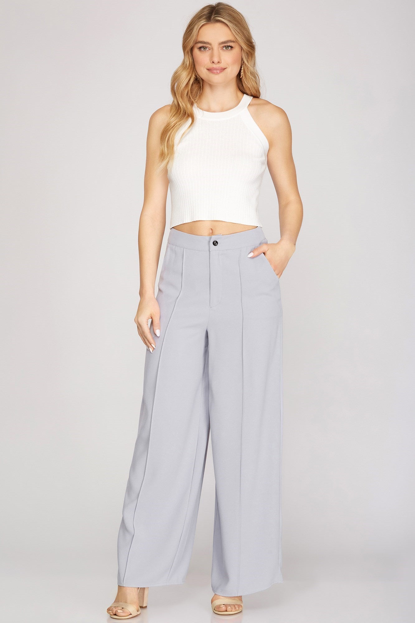 MIDNIGHT BOTTLE WOVEN WIDE PANTS WITH PINTUCK IN BLUE GRAY-Pants-MODE-Couture-Boutique-Womens-Clothing