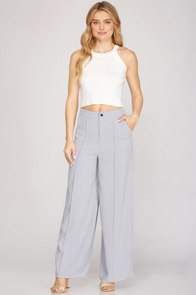 MIDNIGHT BOTTLE WOVEN WIDE PANTS WITH PINTUCK IN BLUE GRAY-Pants-MODE-Couture-Boutique-Womens-Clothing