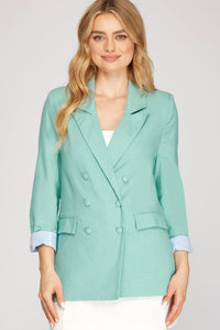 PLAY HARDER LONG SLEEVE DOUBLE BREAST LINEN BLEND BLAZER IN SEAFOAM-BLAZERS-MODE-Couture-Boutique-Womens-Clothing