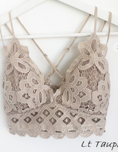 HEAD IN THE CLOUDS CROCHET LACE CRISS CROSS STRAP BRALETTE IN LIGHT TAUPE-BRALETTE-MODE-Couture-Boutique-Womens-Clothing