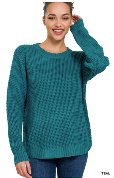 CHOOSE HAPPY HI-LOW ROUND NECK WAFFLE SWEATER IN TEAL-Shirts & Tops-MODE-Couture-Boutique-Womens-Clothing