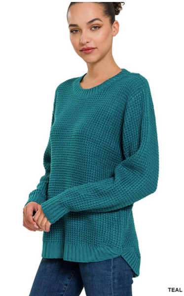CHOOSE HAPPY HI-LOW ROUND NECK WAFFLE SWEATER IN TEAL-Shirts & Tops-MODE-Couture-Boutique-Womens-Clothing