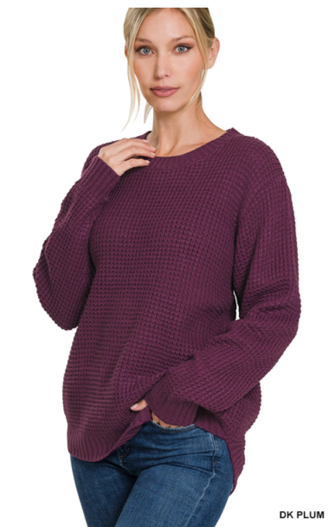 CHOOSE HAPPY HI-LOW ROUND NECK WAFFLE SWEATER IN DARK PLUM-Shirts & Tops-MODE-Couture-Boutique-Womens-Clothing