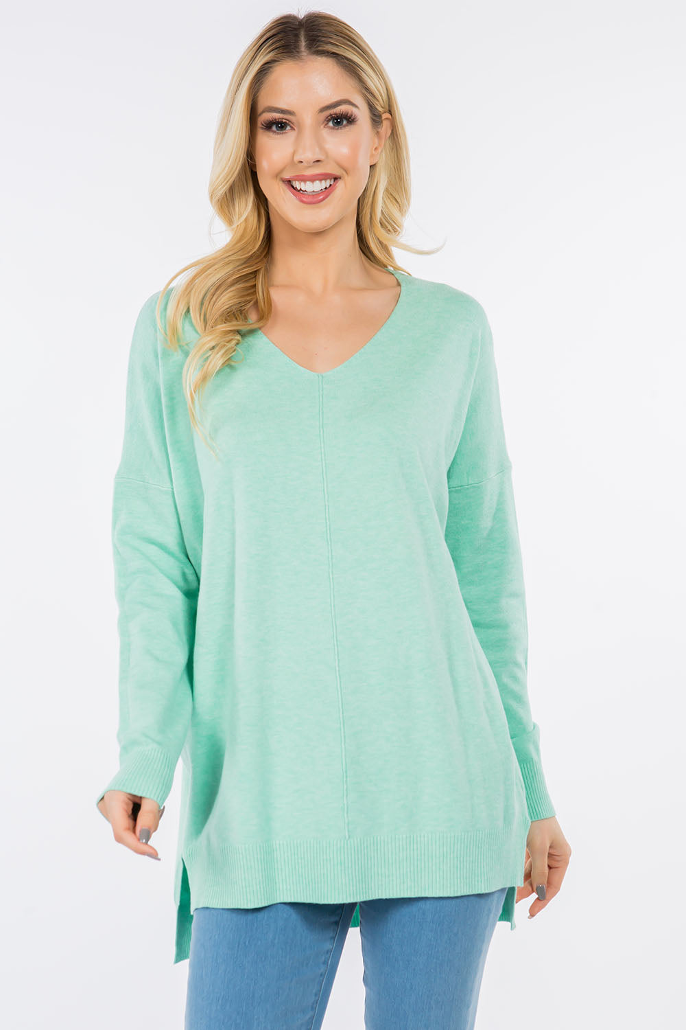 BROOKLYNN FRONT SEAM SOFTEST SWEATER IN HEATHER CLEARWATER-Sweaters-MODE-Couture-Boutique-Womens-Clothing