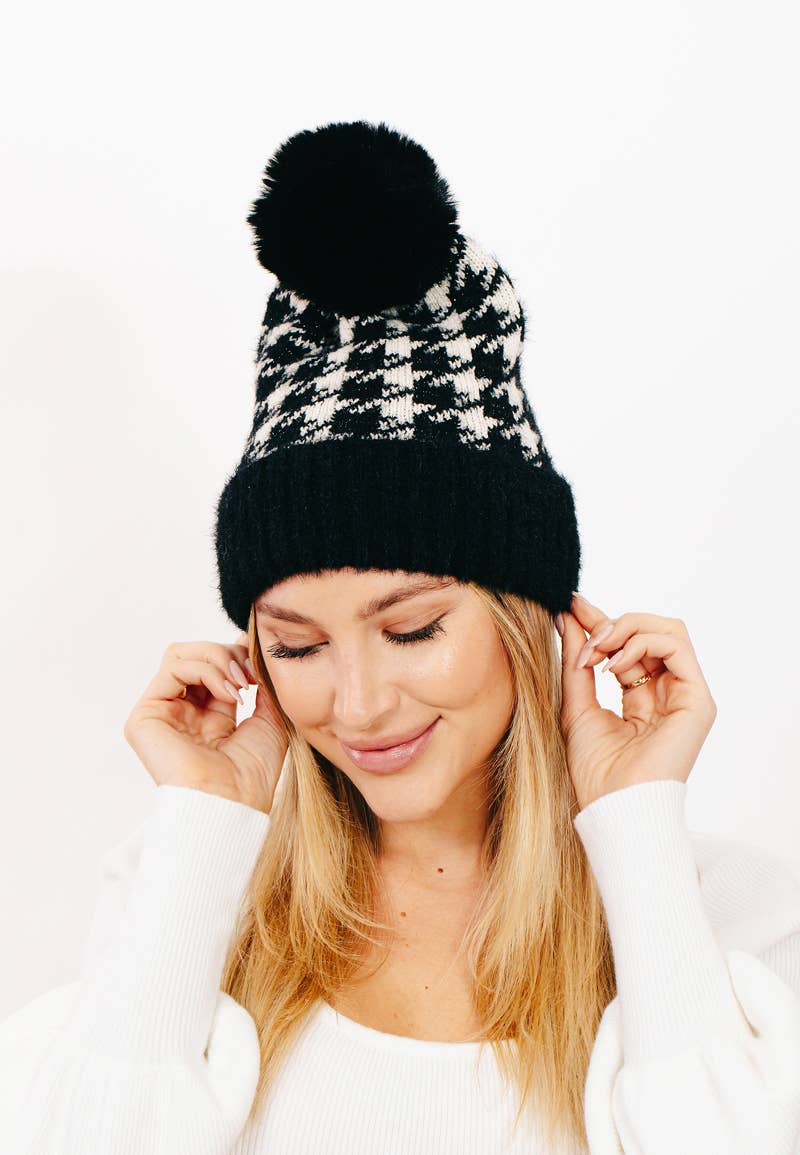 Houndstooth Print Beanie: BK-hat-MODE-Couture-Boutique-Womens-Clothing