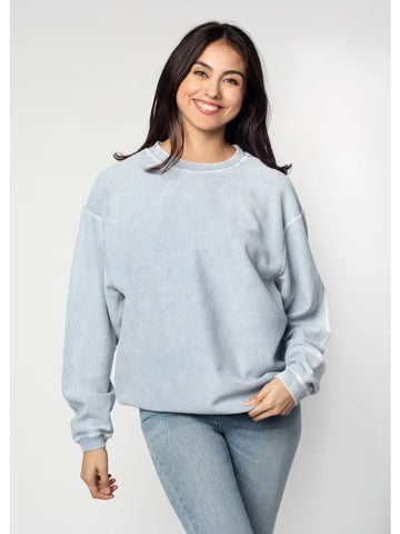 AROUND THE CAMPFIRE CORDED CREW IN FADED DENIM-Sweatshirt-MODE-Couture-Boutique-Womens-Clothing