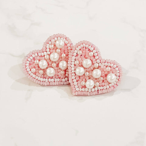 Pearl & Pink Heart Studs-EARRINGS-MODE-Couture-Boutique-Womens-Clothing