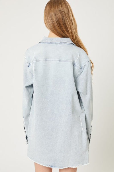FOR A GOOD TIME WASHED DISTRESSED LONG DENIM SHIRT IN LIGHT WASH-SHACKET-MODE-Couture-Boutique-Womens-Clothing