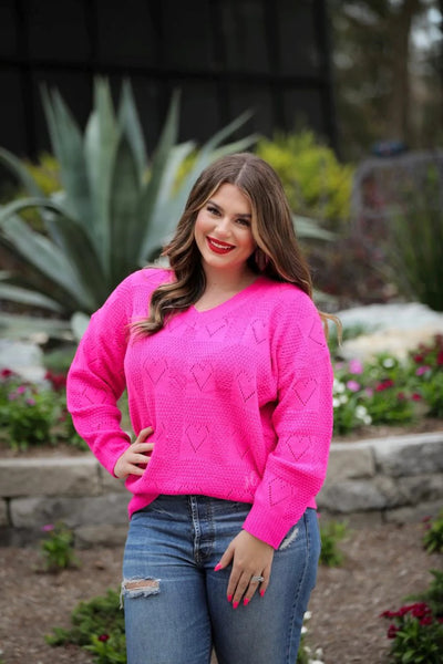 HOOKED ON A FEELIN' CUT OUT HEART SWEATER IN HOT PINK-Sweaters-MODE-Couture-Boutique-Womens-Clothing