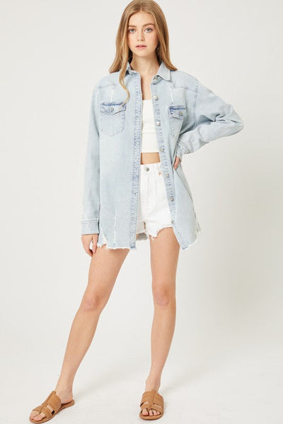 FOR A GOOD TIME WASHED DISTRESSED LONG DENIM SHIRT IN LIGHT WASH-SHACKET-MODE-Couture-Boutique-Womens-Clothing