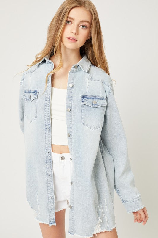 FOR A GOOD TIME WASHED DISTRESSED LONG DENIM SHIRT IN LIGHT WASH-SHACKET-MODE-Couture-Boutique-Womens-Clothing