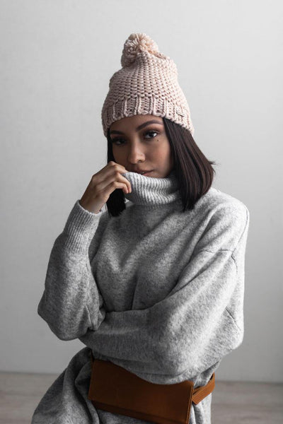 MITZI KNIT POM BEANIE IN OATMEAL-hat-MODE-Couture-Boutique-Womens-Clothing