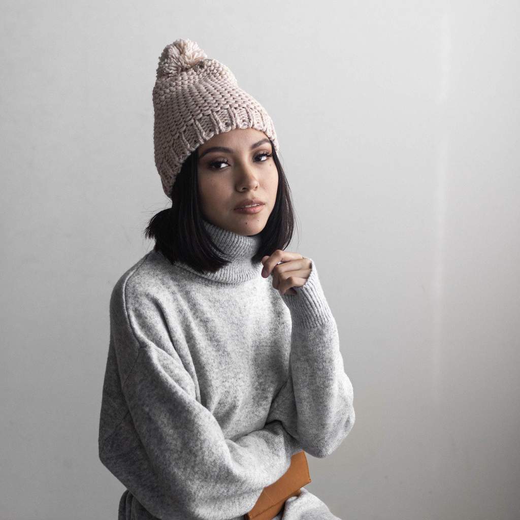 MITZI KNIT POM BEANIE IN OATMEAL-hat-MODE-Couture-Boutique-Womens-Clothing