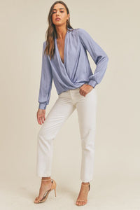 SABRINA SURPLICE SATIN BLOUSE IN ICY BLUE-BLOUSE-MODE-Couture-Boutique-Womens-Clothing